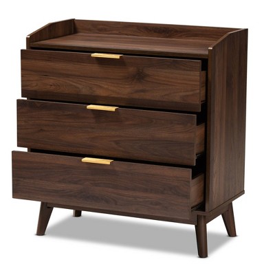 Lena Mid-Century Walnut 3-Drawer Chest with Gold-Tone Handles