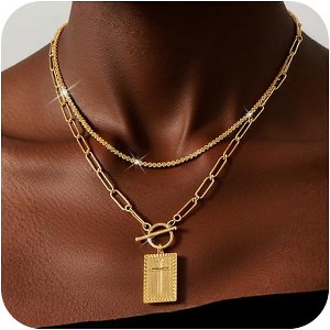 Layered Cross Pendant Necklace for Women, Non-Tarnish Gold or Silver Paperclip Link Chain - 1 of 4