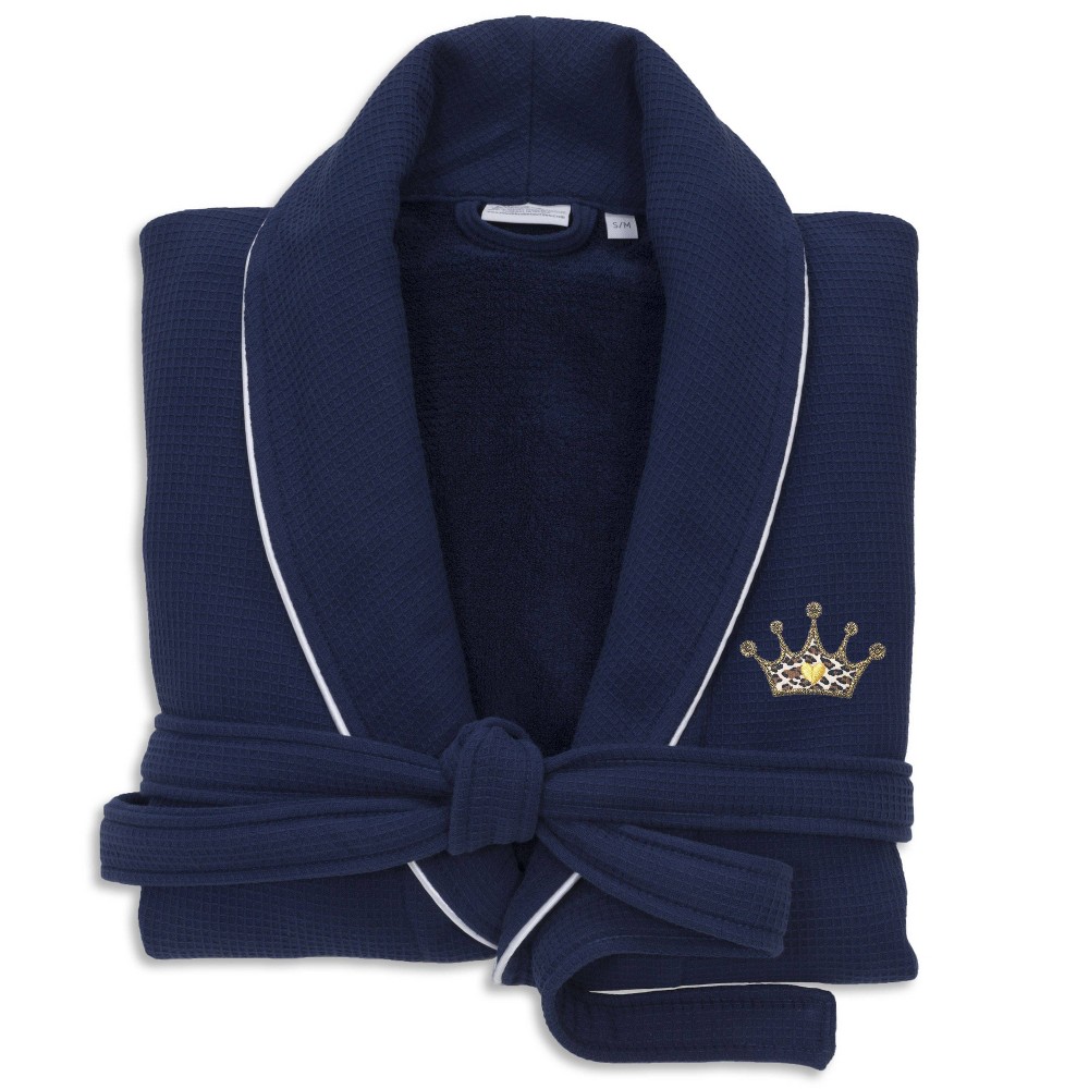 S/M Waffle Terry Bathrobe with Cheetah Crown Design Navy - Linum Home Textiles: Adult Cotton Long Sleeve, Deep V Neck, Patch Pocket