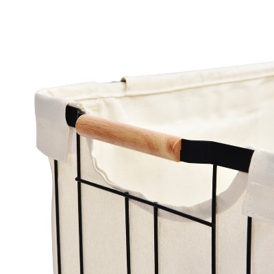 Compact White Metal Rolling Laundry Basket with Handle