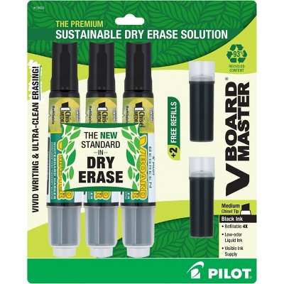 Pilot 3pk VBoard Master Dry Erase Markers Chisel Tip Black Ink with Bonus Refills: Refillable Whiteboard Markers Set