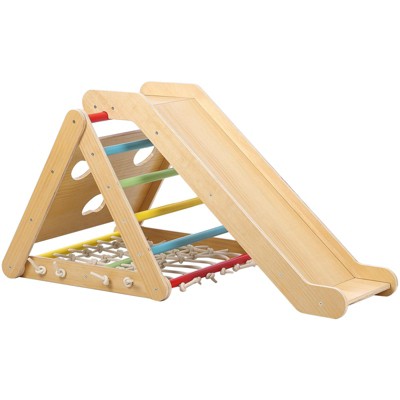 COZONY Toddler Indoor Gym Playset, 3-in-1 Wooden Climber with Climbing Net and Sliding Ramp for Home and Daycare