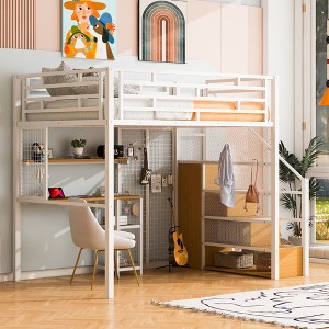 Whisen Full Size Metal Loft Bed with Wardrobe, Desk, Storage Shelves - 1 of 4