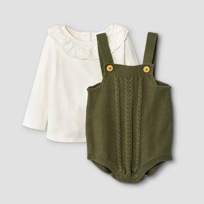 Image of Baby Girls' Sweater Romper Top & Bottom Set - Cat & Jack™ Olive Green 18M