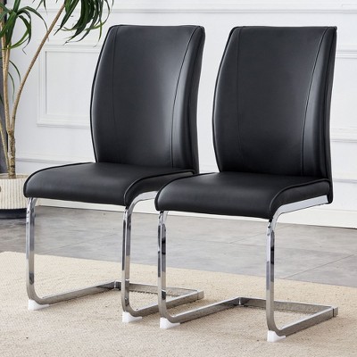 SEVOBAL Dining Chairs Set of 2 High Resilience Luxury PU Material Simple Arch Chair with Arched Metal Silver Leg, Black, 17.3"*21.6"*39"