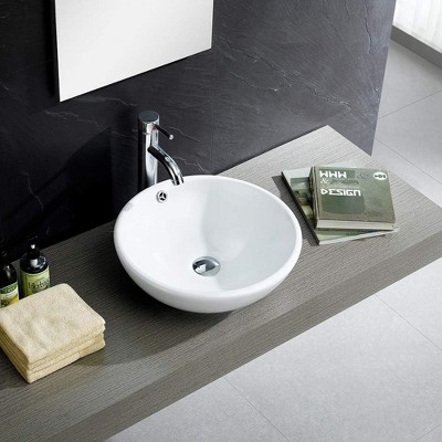 Modern White Ceramic Round Vessel Sink with Overflow