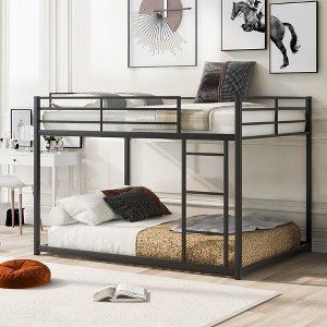 Whisen Full over Full Metal Low Bunk Bed with Ladder and Guardrail - 1 of 4