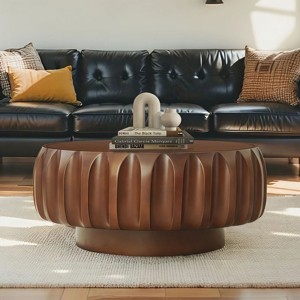 31" Round Wood Coffee Table, Drum Coffee Table with Carved Sculptural Design for Living Room or Bedroom – Cuddlewood - 1 of 4