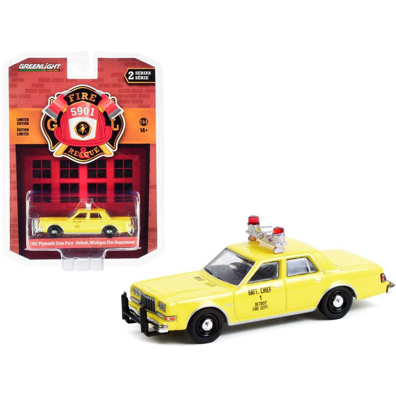 1982 Plymouth Gran Fury Yellow "Detroit Fire Dept Battalion Chief #1" (Michigan) 1/64 Diecast Model Car by Greenlight, 1 of 4