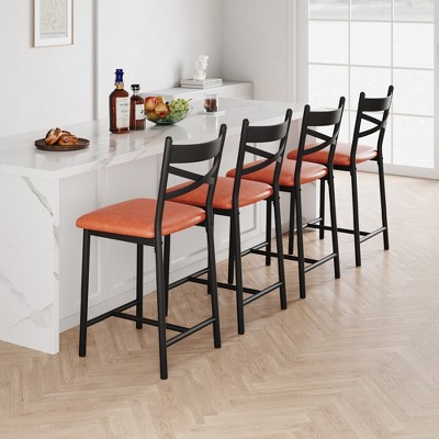 Set of PU Bar Stools, X-Back Counter Height Chairs with Footrest