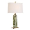 Uttermost Moorea Green Marble Table Lamp – Natural Veined Marble with Brass Accents and White Linen Shade, 28” High - 3 of 4