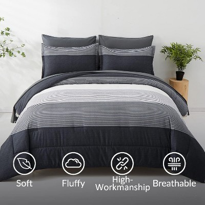 Der Rose BALHAM TRADE-Queen Size Striped Comforter Set 7 Piece Bed in a Bag Boho Black Grey Striped Navy Blue Queen 90"x90" — фото 4