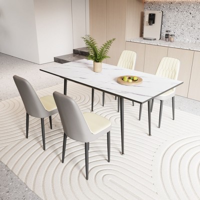 NicBex Kitchen Table Chairs Set Extendable Dining Room Table with MDF Tabletop and 4 Thick Cushion PU Chairs for Dining Room