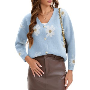 INSPIRE CHIC Women's Floral V Neck Button-Down Open Front Long Sleeve Knit Sweaters - 1 of 4