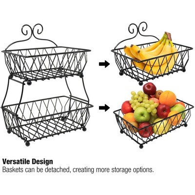 Black Metal 2-Tier Rectangular Fruit Basket Stand