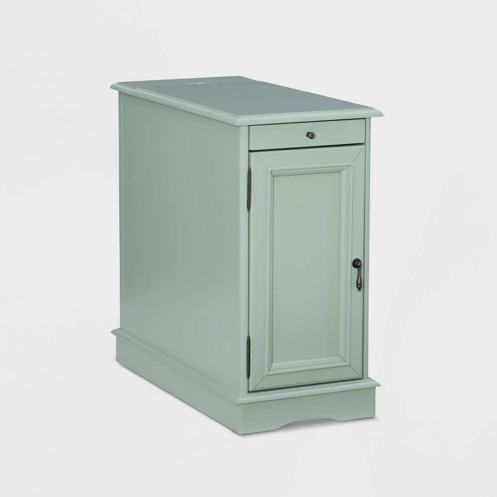 Powell Felix Accent Table with USB Charging Station Aqua Green: Nautical Style, Pull-Out Tray, MDF & Poplar