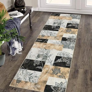 Acekool 5x7 Machine Washable Abstract Geometric Area Rug, Non-Slip, Low Pile, Non-Shedding Brown Carpet for Living Room, Bedroom - 1 of 4