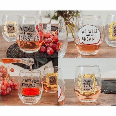 Friends TV Show Iconic Quotes Clear Glass Stemless Wine Set