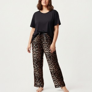 Anna-Kaci Lounge Women's 2-Piece Set Short Sleeve Top and Leopard Print Pajama Pants with Stretch Waist Tie and Easy Straight-Leg Fit - 1 of 4