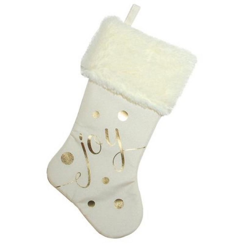 Northlight 19" Ivory White and Gold "Joy" Christmas Stocking with White Faux Fur Cuff, 1 of 3