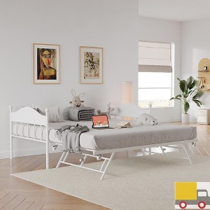 Jojoka Metal Daybed with Pop-Up Trundle and Lockable Casters, Space-Saving Sofa Bed Frame with Stylish Headboard - 1 of 4