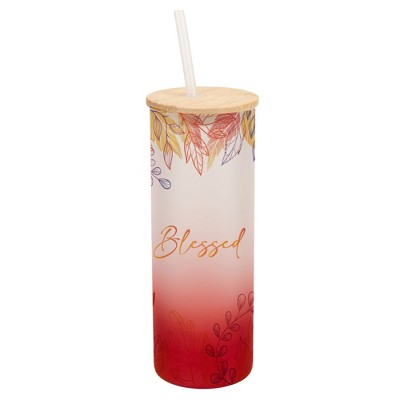 Elanze Designs Blessed Pastel Watercolor Autumn Leaves Wrap-Around Design 25 Ounce Frosted Gradient Glass On-The-Go Coffee Travel Skinny Tumbler Mug