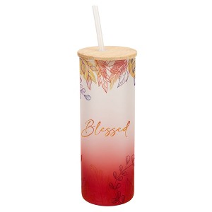 Elanze Designs Blessed Pastel Watercolor Autumn Leaves Wrap-Around Design 25 Ounce Frosted Gradient Glass On-The-Go Coffee Travel Skinny Tumbler Mug - 1 of 1