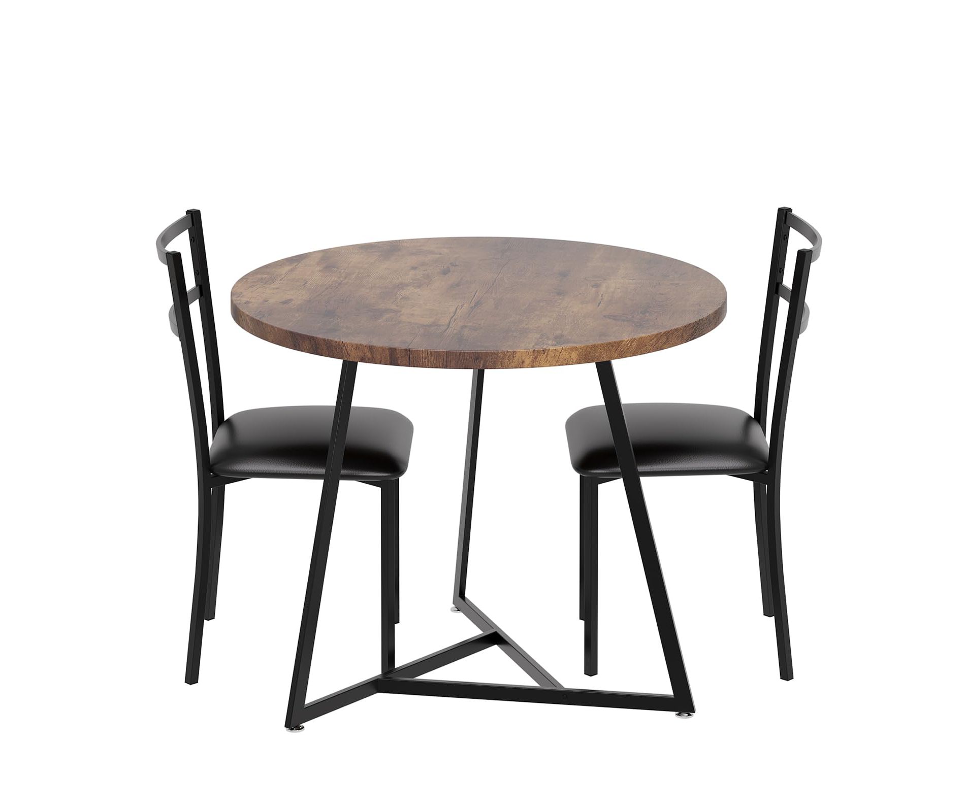 Round Dining Table Set for 2, Rustic Brown Small Kitchen Table with 2 Upholstered Chairs, Space-Saving Compact Dining Set for Apartment & Bistro