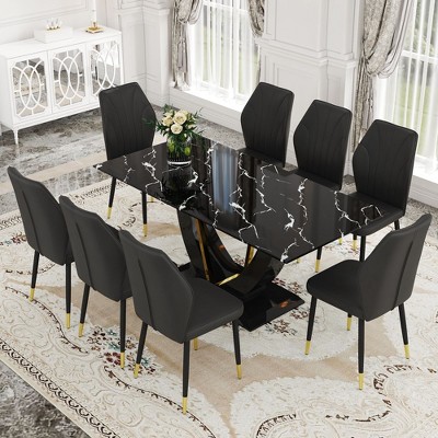 NicBex 9 Piece Black Marble Pattern Tempered Glass Dining Set with 8 PU Chairs for Dining Meeting Room