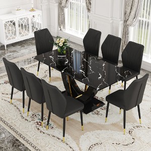 NicBex Dining Table Set for 8 Dining Room Table Set Black Marble Pattern Tempered Glass Dining Table Set with 8 PU Chairs for Dining Room - 1 of 4
