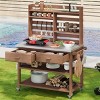 64.9"H Outdoor Potting Bench with Stainless Steel Top, Solid Wood Kitchen Island Table with Wheels, Upper Hutch, Towel Rack, Storage – Cuddlewood - 3 of 4