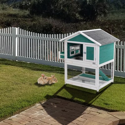 DOMETOUR 2-Story Wooden Rabbit Hutch Outdoor Indoor Bunny Cage Pull Out Tray,Waterproof Roof