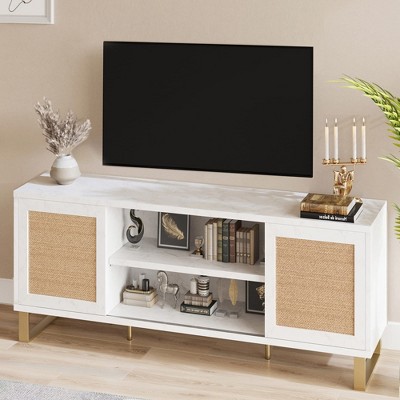 TV Stand for 65 Inch TV, White Entertainment Center Modern TV Console Table, Rattan TV Stand with Storage, Doors and Shelves