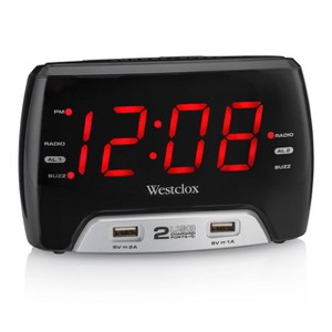 1.4" LED Display Alarm Clock with 2 USB Charging Ports/Digital Radio - Westclox: Modern Table Clock with AM/FM Radio, Dual AAA Battery Backup - 1 of 4
