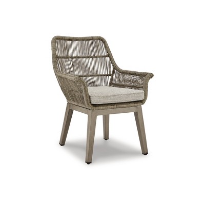 Beige Wicker Outdoor Arm Chairs with Cushions, Set of 2