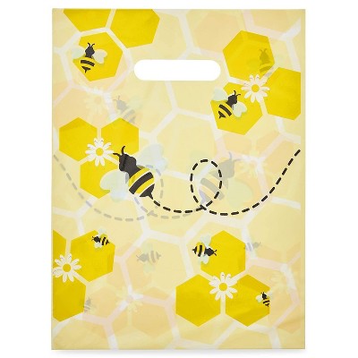 Okuna Outpost 100-Pack Large Bumble Bee Party Favors Gift Bags, Plastic Merchandise Bags with Handles, 9"x12"