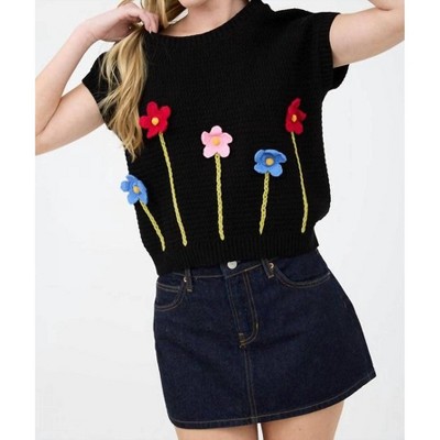 Women's 3d Crochet Floral Short Sleeve Sweater Top - Blu Pepper