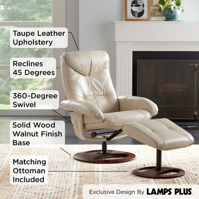 Taupe Bonded Leather Swivel Recliner with Walnut Base and Ottoman