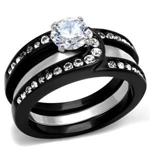 Slickblue Women's Black & Silver Wedding Ring Set, Round CZ Solitaire with Swirl Accent Band,Polished Finish,Sizes 5–10 - 1 of 4