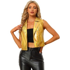 INSPIRE CHIC Women's Metallic Faux Leather Lapel Collar Zip Sleeveless Cropped Vest - 1 of 4