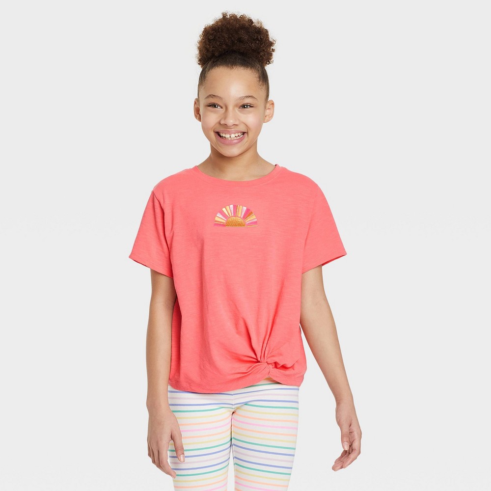 Small (6/6X) Girls' 'Sunshine' Embroidered Short Sleeve Graphic T-Shirt - Cat & Jack Medium Coral S