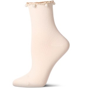Memoi Women's Cotton Rich Faux Pearl Trimmed Lettuce Edge Ankle Sock - 1 of 4