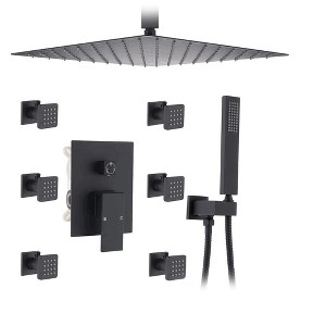 Itopfox Shower System with Body Jets and On-Off Switch, 16 Inch Rain Shower Head, Full Body Spray Massage Set, Multi Head Shower Faucet Combo Black - 1 of 4