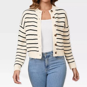 Women's Striped Cropped Cardigan with Front Button Down - Sweater Knit Outerwear for Everyday Wear,Apricot - L - 1 of 4