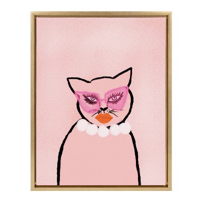 18" x 24" Sylvie Cat in Pearls by Bouffants and Broken Hearts Framed Wall Canvas Gold - Kate & Laurel All Things Decor