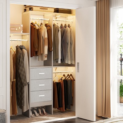 Aheaplus 4FT Small Closet Organizer with Fabric Drawers, DIY Closet System with Hanging Rods and Storage Shelves