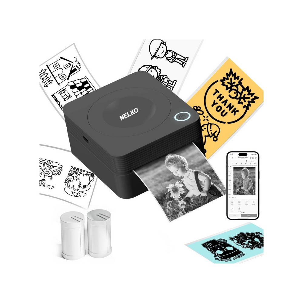 Photos - Receipt / Label Printer Nelko PM230 Portable Bluetooth Sticker Printer Black with 2pk 54mmx3.5m White Rolls