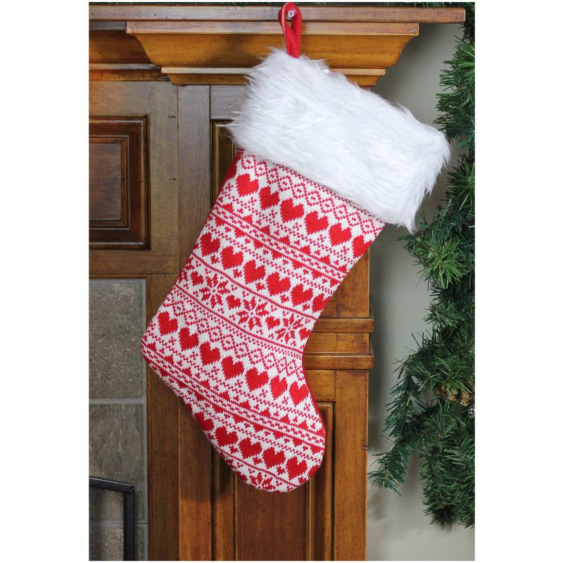 Northlight 19" Red and White Hearts With Snowflakes Knit Christmas Stocking Faux Fur Cuff, 4 of 5