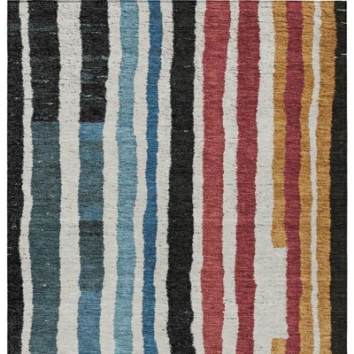 HomeRoots 10' X 14' Black Denim Blue And Merlot Striped Washable Indoor Outdoor Area Rug