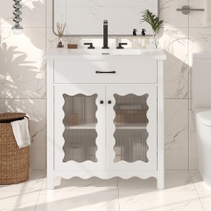 ACEPANO 31 in. W Modern Bathroom Vanity with Tempered Glass Top, Rubberwood Legs & Soft-Close Cabinet Doors-White - 1 of 4